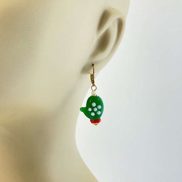 Host Pick! New Green Christmas Mitten Earrings, Handmade, Lamp Work Glass, Gift - Picture 3 of 10